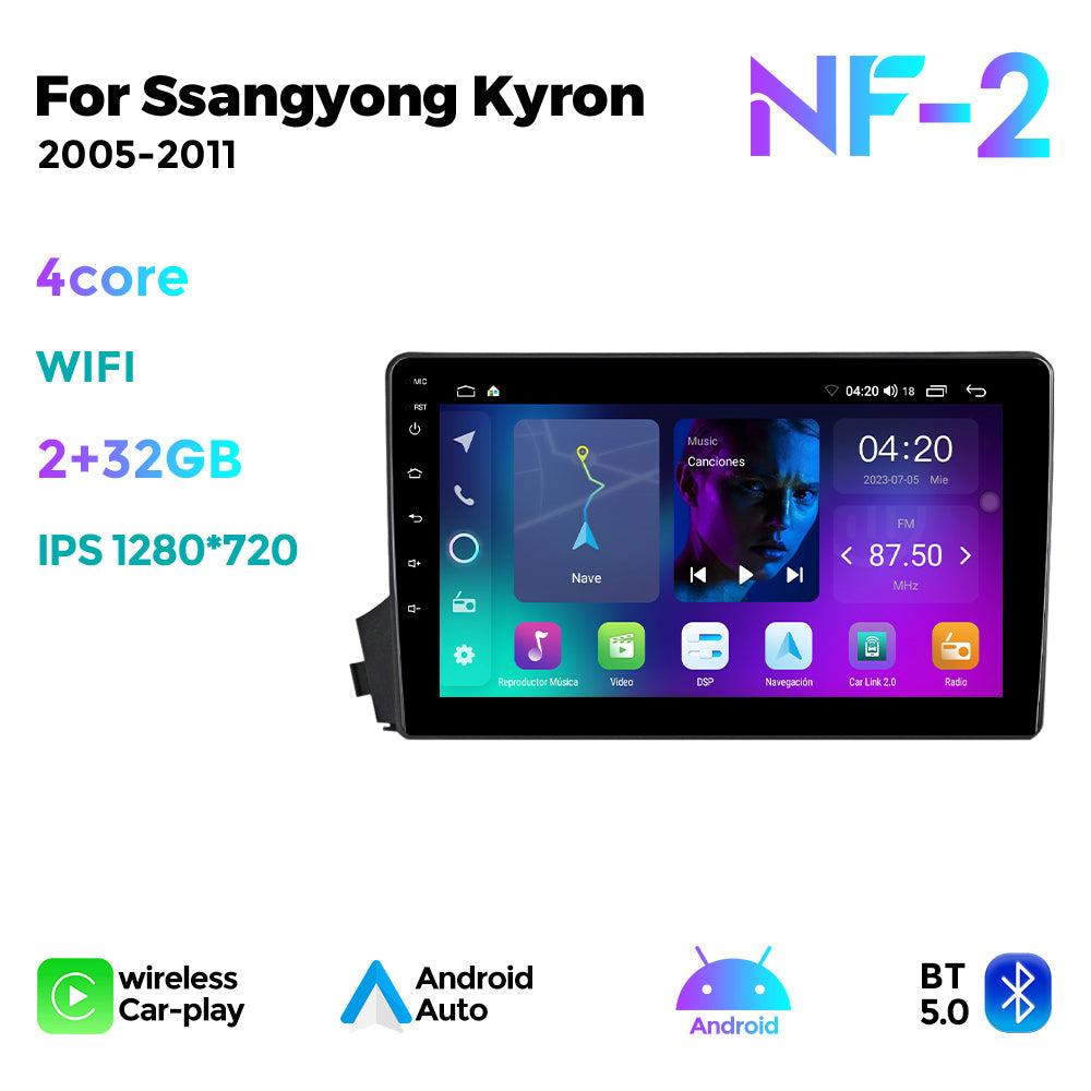 NaviFly NF Series Android 14 8G+256G 2K QLED screen CarPlay Auto DSP RDS 4GLte WIFI For Ssangyong Kyron 2005-2011 9inch