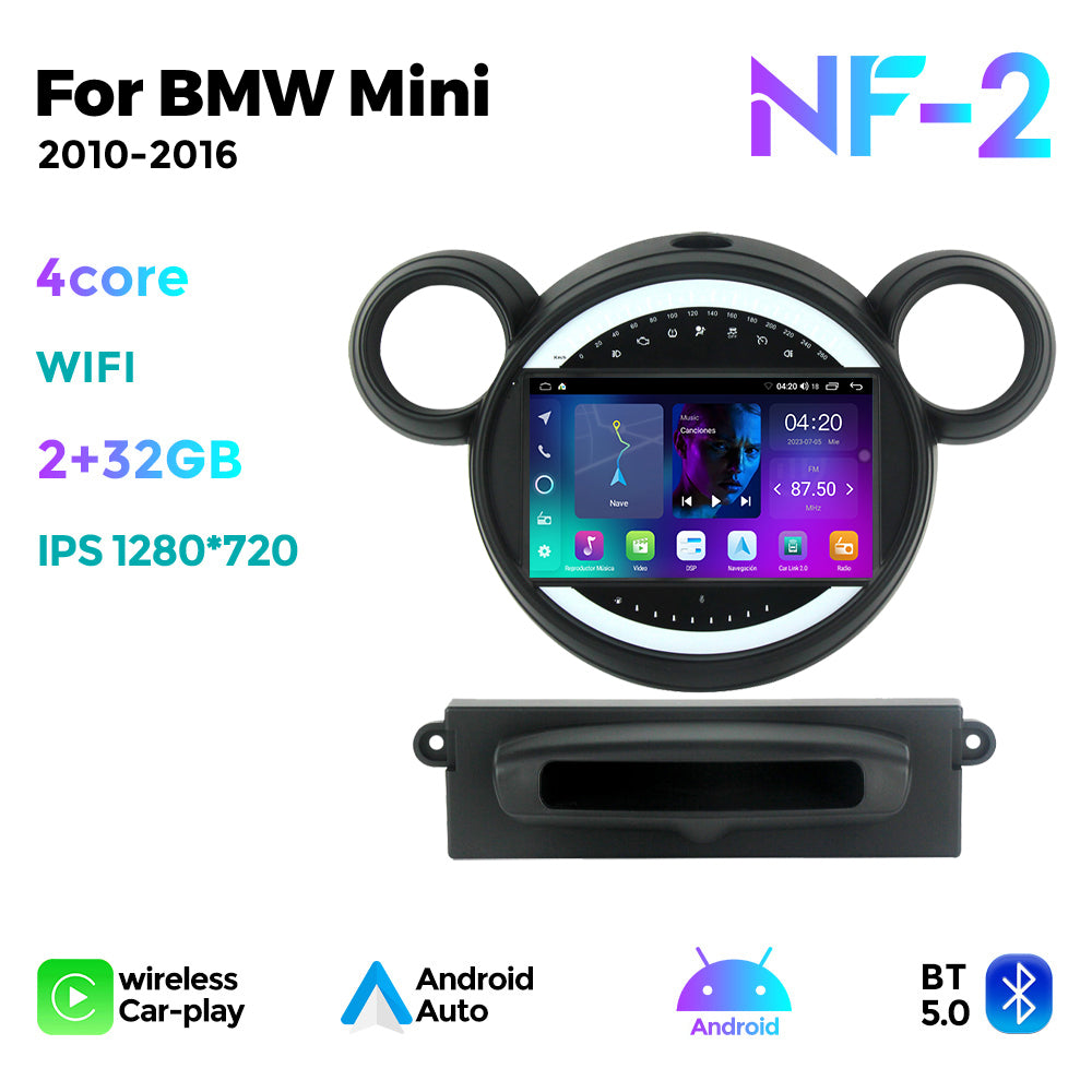 NaviFly NF Series Android 14 8G+256G 2K QLED screen CarPlay Auto DSP RDS 4GLte WIFI For BMW Mini 2010-2016 9inch