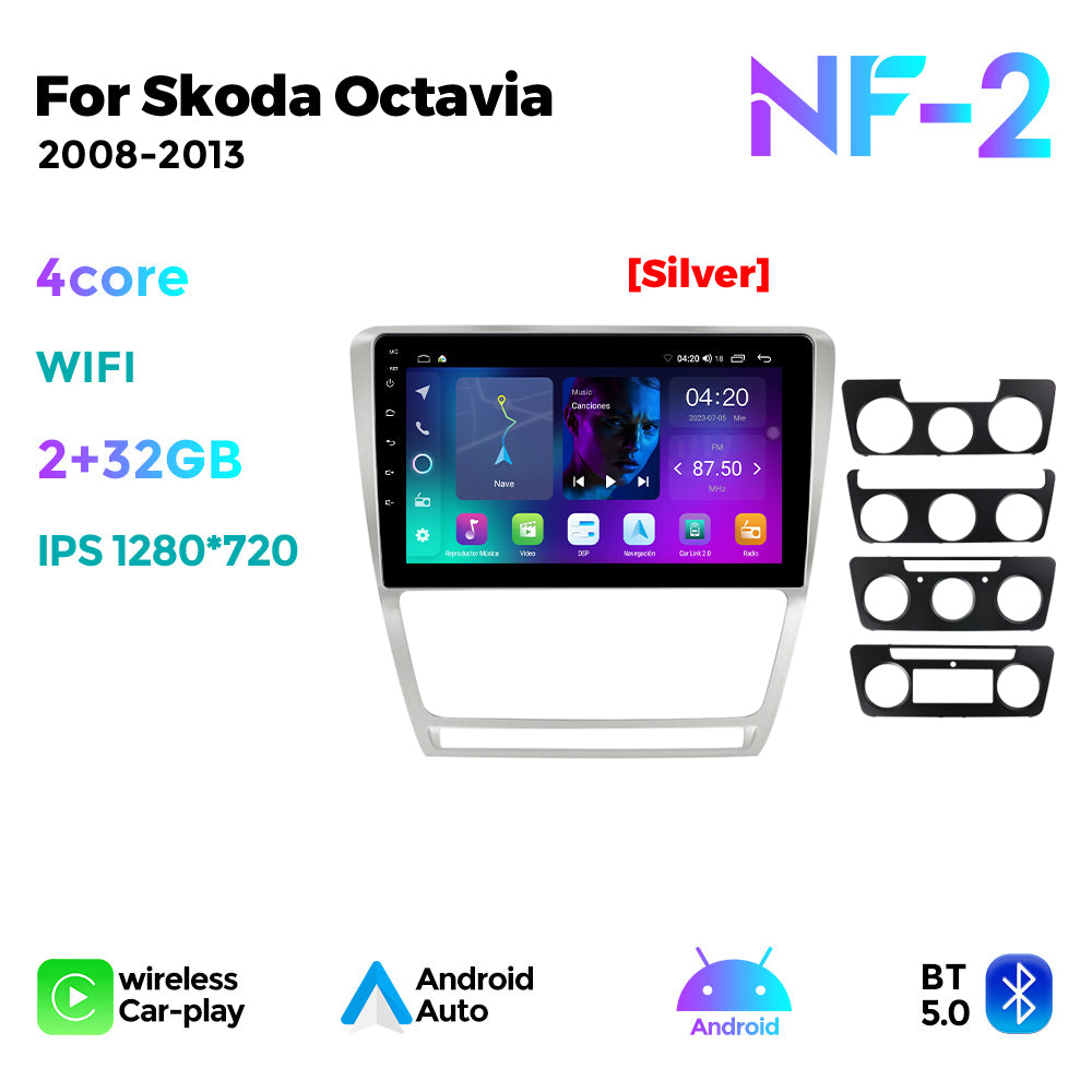 NaviFly NF Series Android 14 8G+256G 2K QLED screen CarPlay Auto DSP RDS 4GLte WIFI For Skoda Octavia 2008-2013 10inch Silver Black