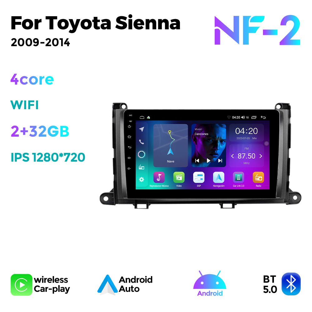 NaviFly NF Series Android 14 8G+256G 2K QLED screen CarPlay Auto DSP RDS 4GLte WIFI For Toyota Sienna 2009-2014 9inch