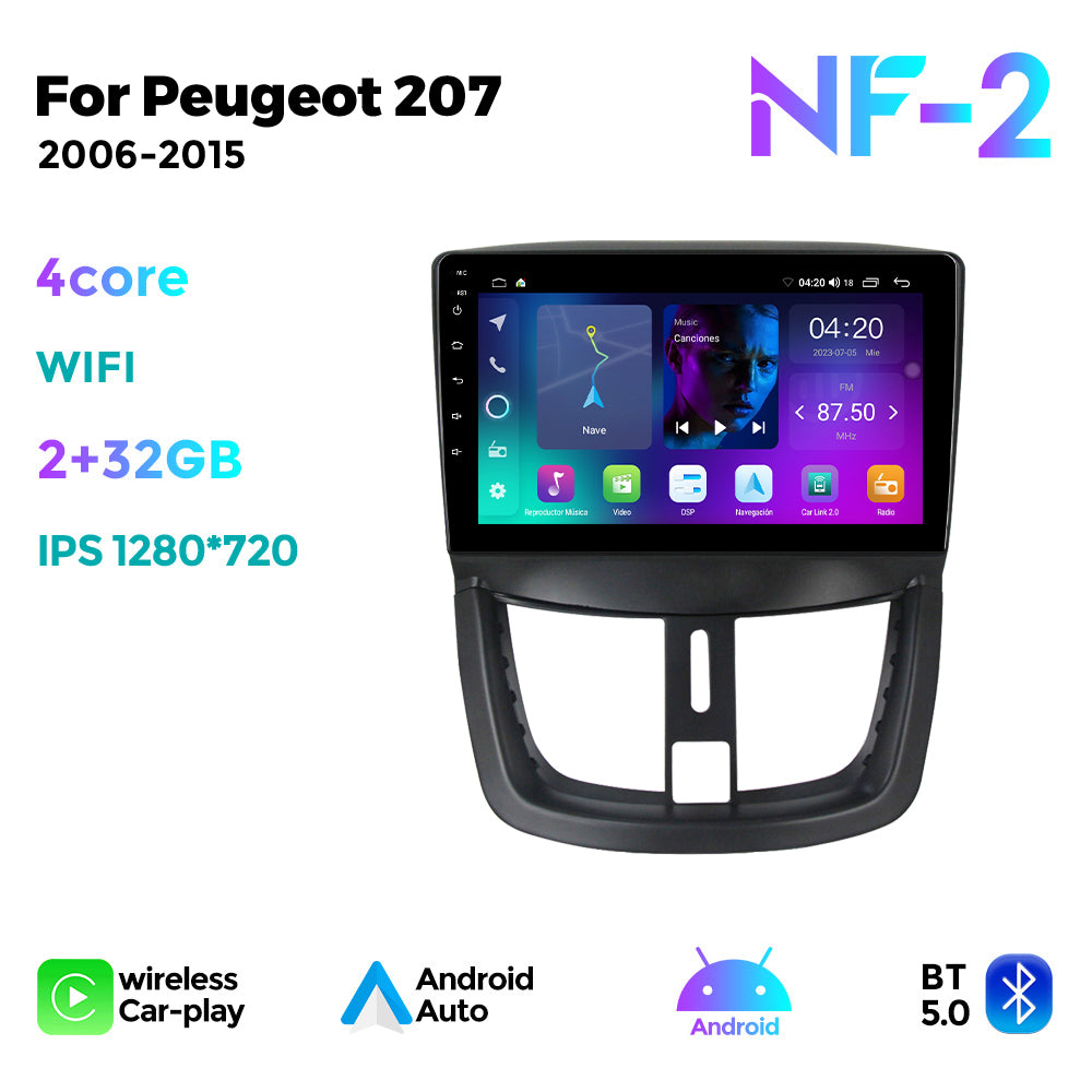 NaviFly NF Series Android 14 8G+256G 2K QLED screen CarPlay Auto DSP RDS 4GLte WIFI For Peugeot 207 2006-2015 9inch