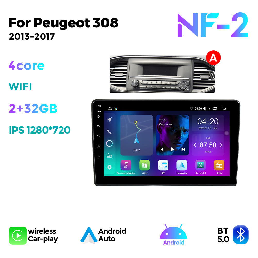 NaviFly NF Series Android 14 8G+256G 2K QLED screen CarPlay Auto DSP RDS 4GLte WIFI For Peugeot 308 2013-2017-AB 9inch