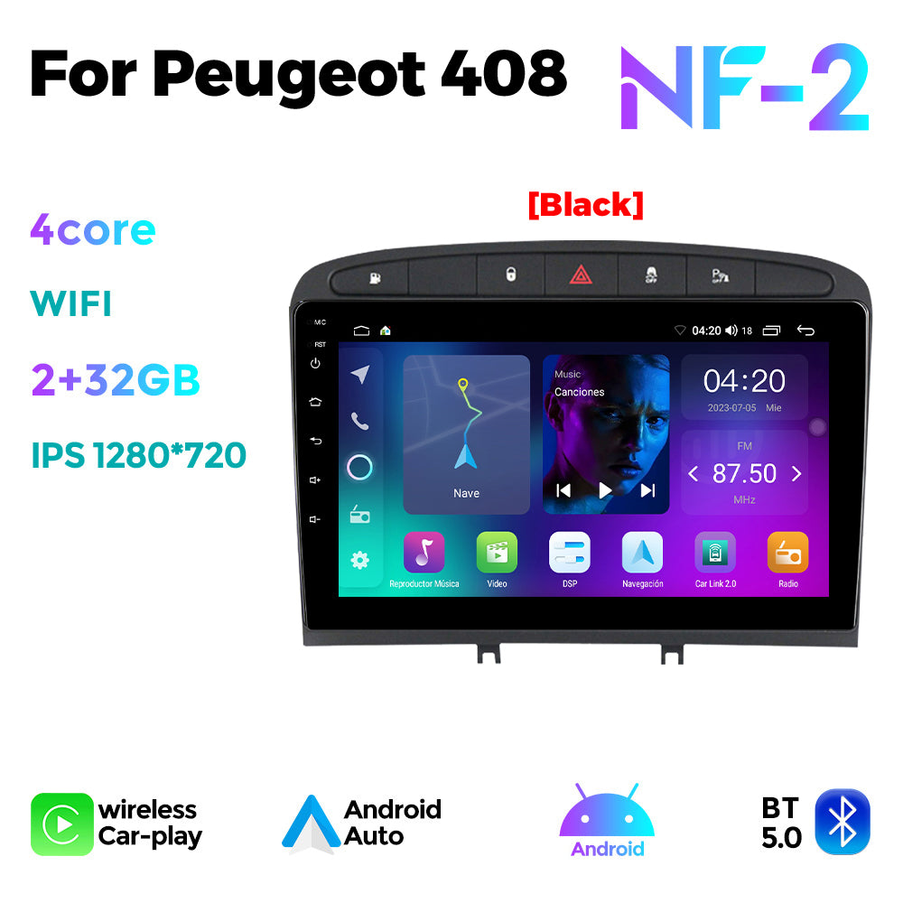 NaviFly NF Series Android 14 8G+256G 2K QLED screen CarPlay Auto DSP RDS 4GLte WIFI For Peugeot 408 9inch Gray Black