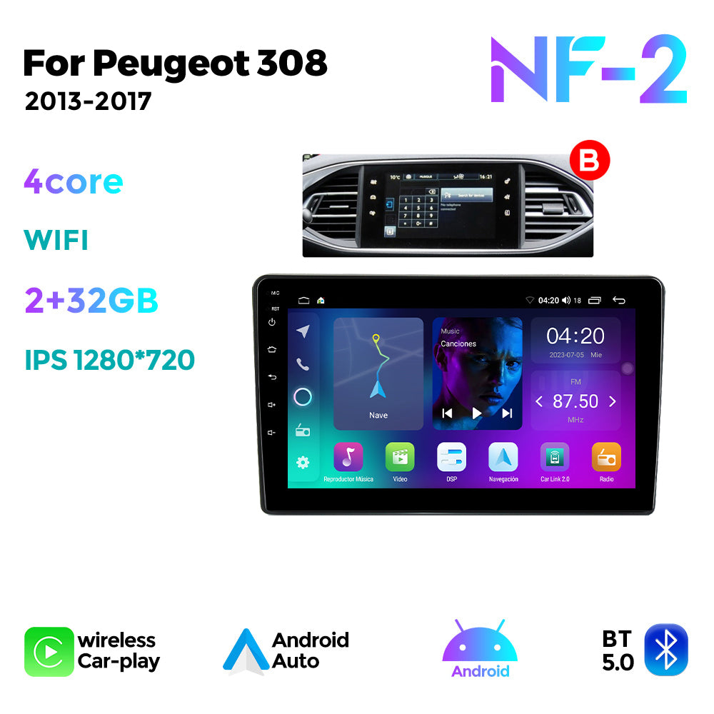 NaviFly NF Series Android 14 8G+256G 2K QLED screen CarPlay Auto DSP RDS 4GLte WIFI For Peugeot 308 2013-2017-AB 9inch