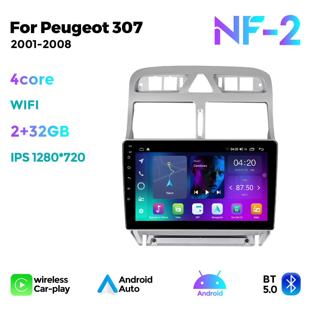 NaviFly NF Series Android 14 8G+256G 2K QLED screen CarPlay Auto DSP RDS 4GLte WIFI For Peugeot 307 2001-2008 9inch