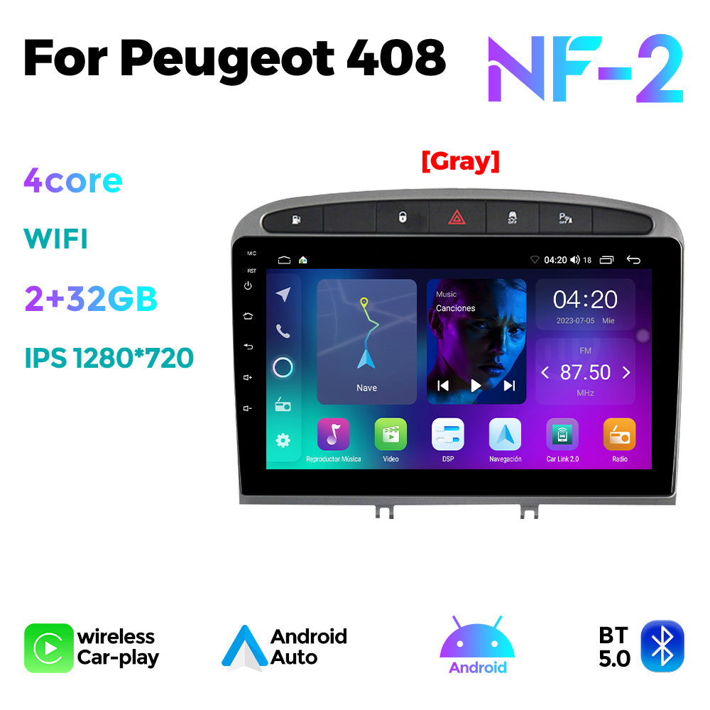 NaviFly NF Series Android 14 8G+256G 2K QLED screen CarPlay Auto DSP RDS 4GLte WIFI For Peugeot 408 9inch Gray Black