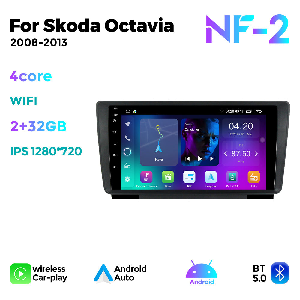 NaviFly NF Series Android 14 8G+256G 2K QLED screen CarPlay Auto DSP RDS 4GLte WIFI For Skoda Octavia 2008-2013 9inch