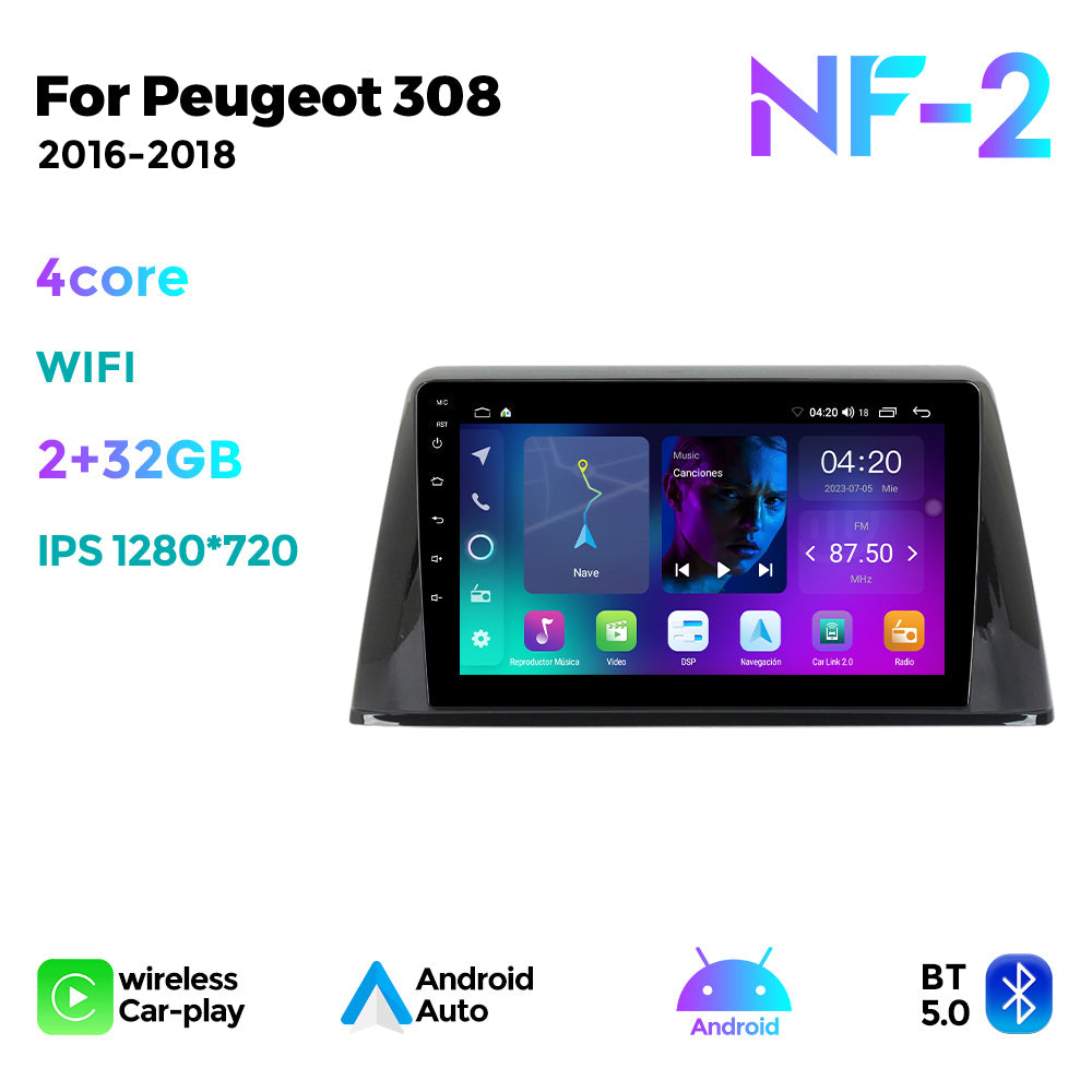 NaviFly NF Series Android 14 8G+256G 2K QLED screen CarPlay Auto DSP RDS 4GLte WIFI For Peugeot 308 2016-2018 9inch