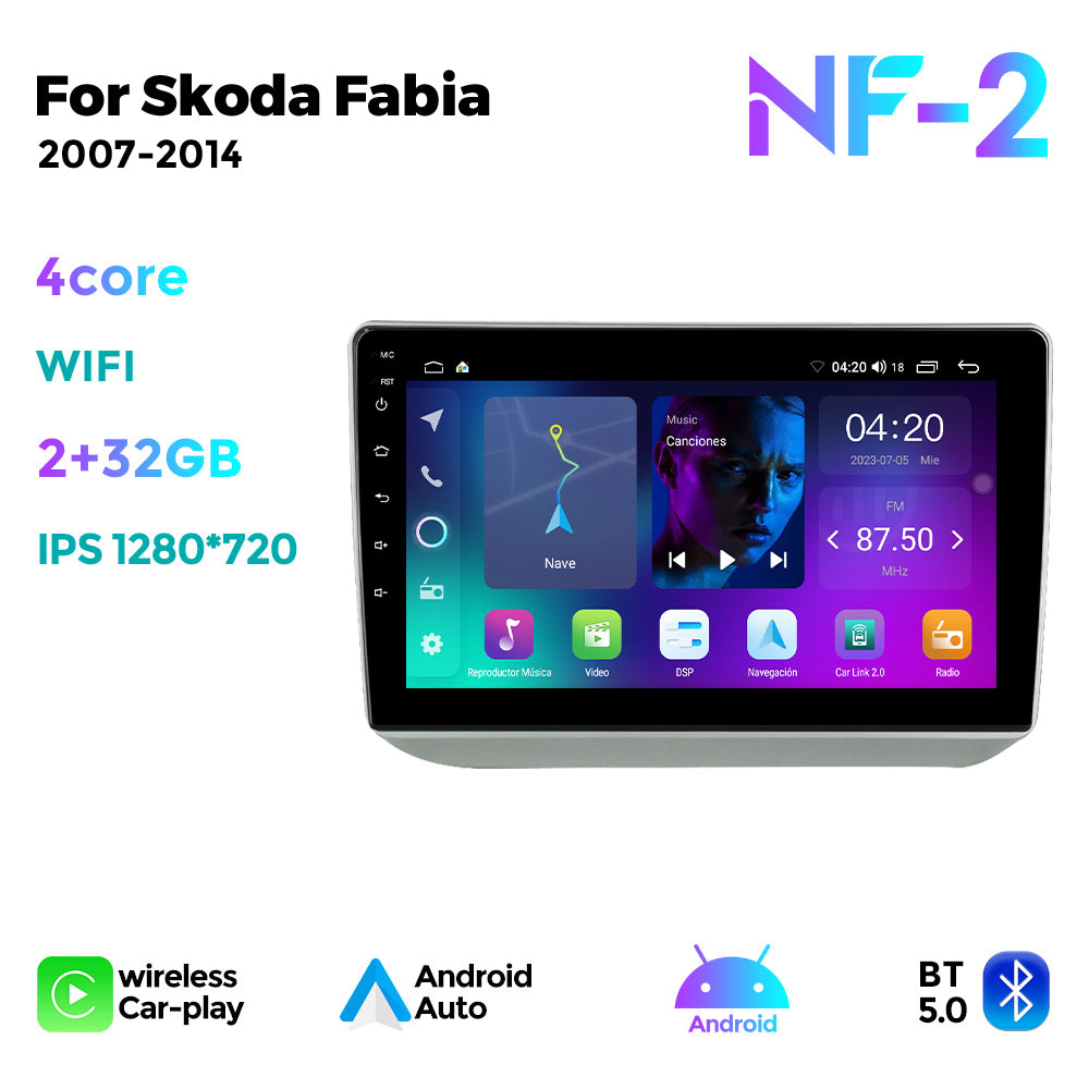 NaviFly NF Series Android 14 8G+256G 2K QLED screen CarPlay Auto DSP RDS 4GLte WIFI For Skoda Fabia 2007-2014 10inch
