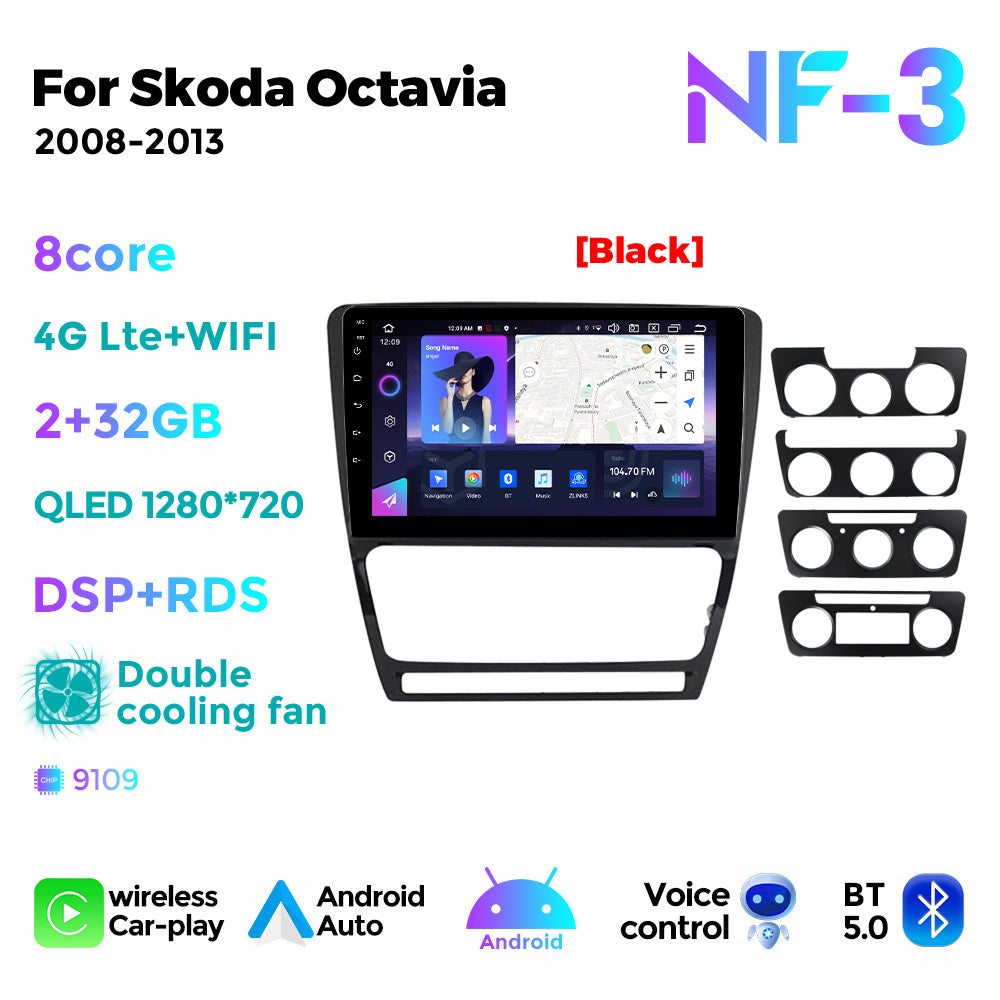 NaviFly NF Series Android 14 8G+256G 2K QLED screen CarPlay Auto DSP RDS 4GLte WIFI For Skoda Octavia 2008-2013 10inch Silver Black