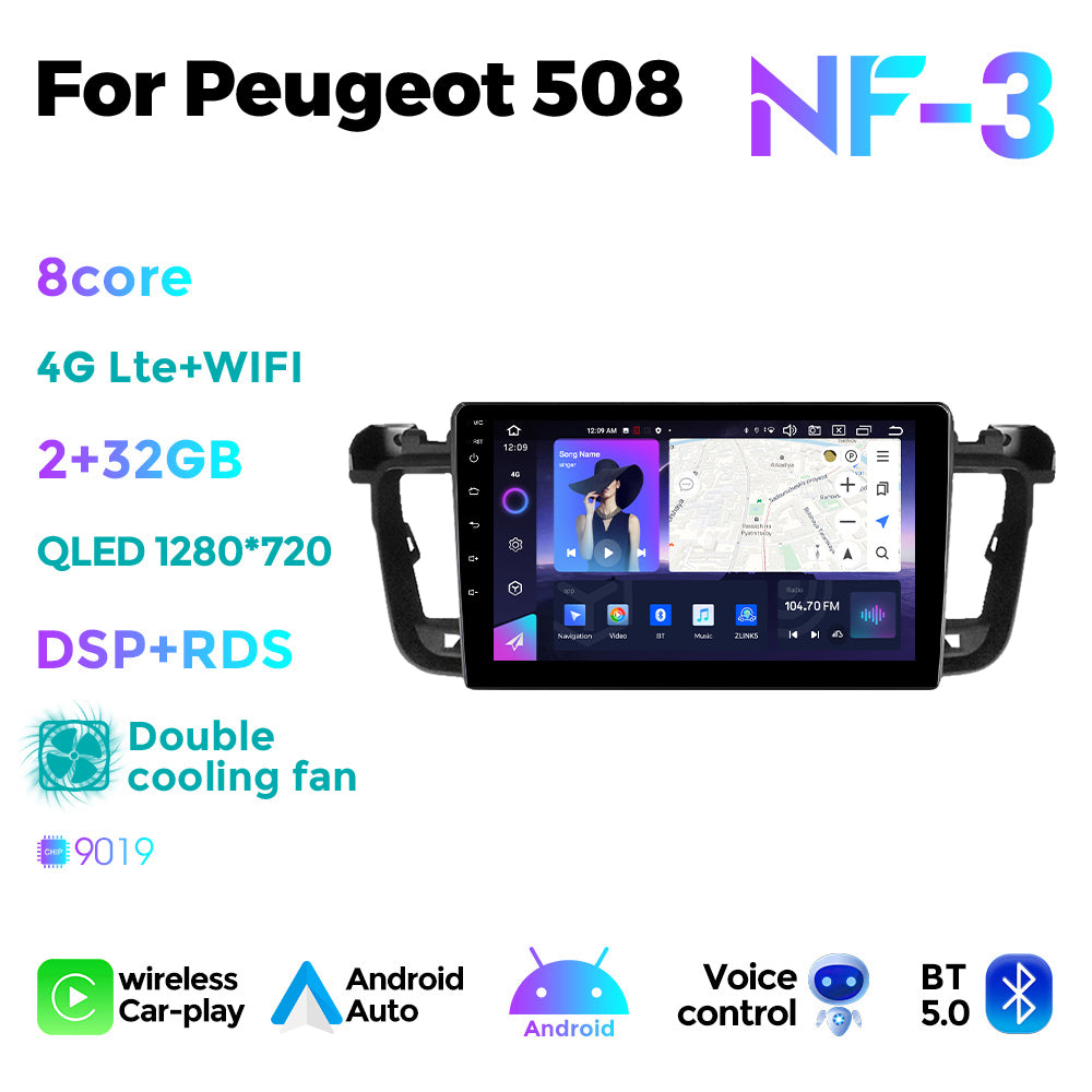 NaviFly NF Series Android 14 8G+256G 2K QLED screen CarPlay Auto DSP RDS 4GLte WIFI For Peugeot 508 9inch