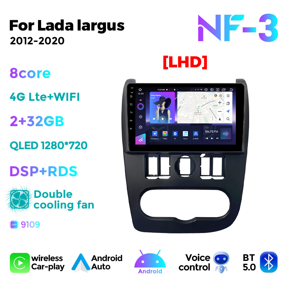 NaviFly NF Series Android 14 8G+256G 2K QLED screen CarPlay Auto DSP RDS 4GLte WIFI For Lada largus 2012-2020 LHD 9inch