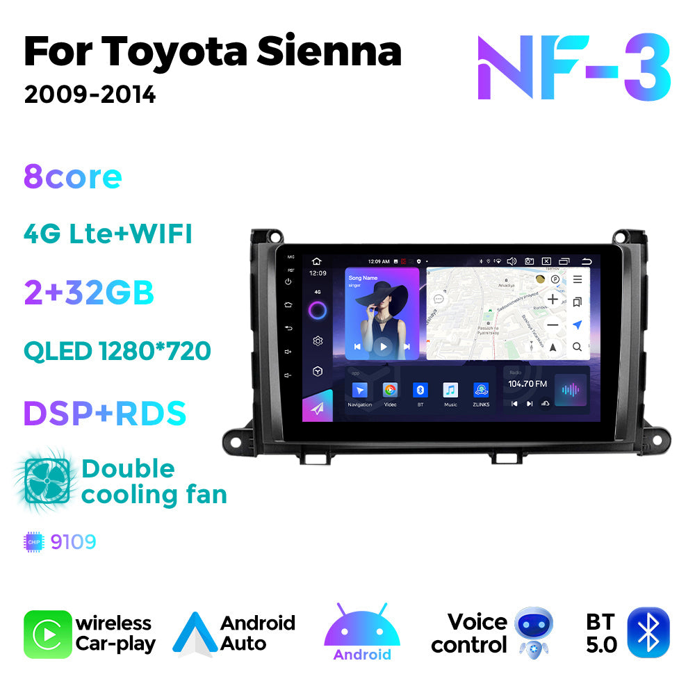 NaviFly NF Series Android 14 8G+256G 2K QLED screen CarPlay Auto DSP RDS 4GLte WIFI For Toyota Sienna 2009-2014 9inch