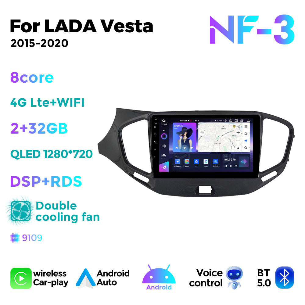 NaviFly NF Series Android 14 8G+256G 2K QLED screen CarPlay Auto DSP RDS 4GLte WIFI For LADA Vesta 2015-2020 9inch
