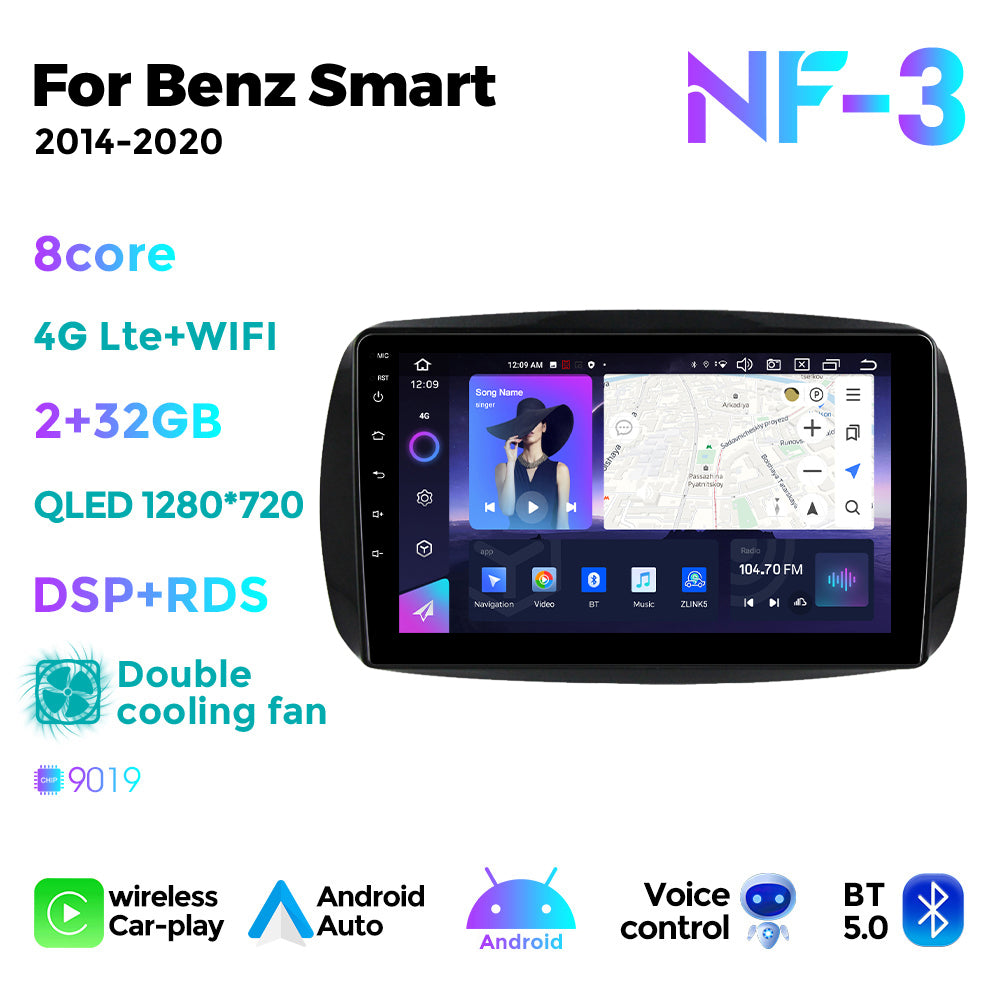 NaviFly NF Series Android 14 8G+256G 2K QLED screen CarPlay Auto DSP RDS 4GLte WIFI For Mercedes Benz Smart 2014-2020 9.5Inch