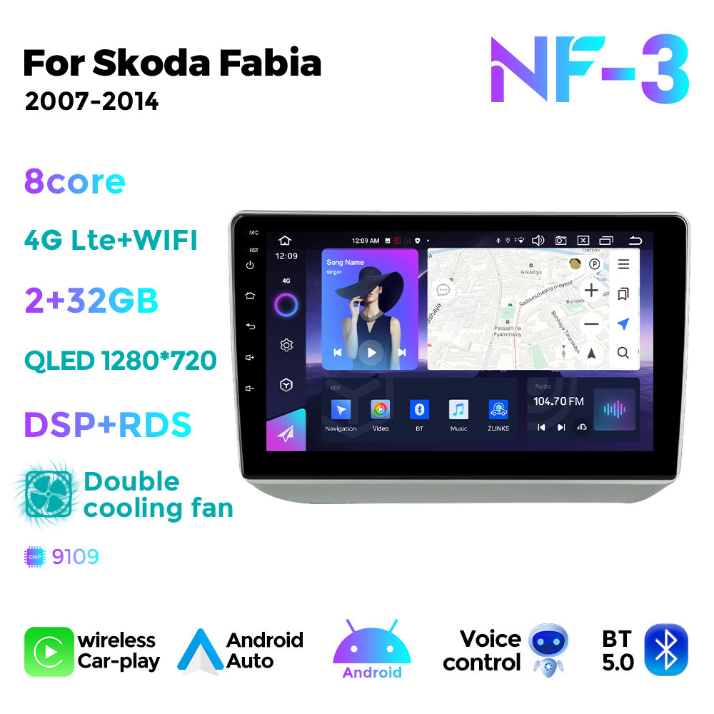 NaviFly NF Series Android 14 8G+256G 2K QLED screen CarPlay Auto DSP RDS 4GLte WIFI For Skoda Fabia 2007-2014 10inch