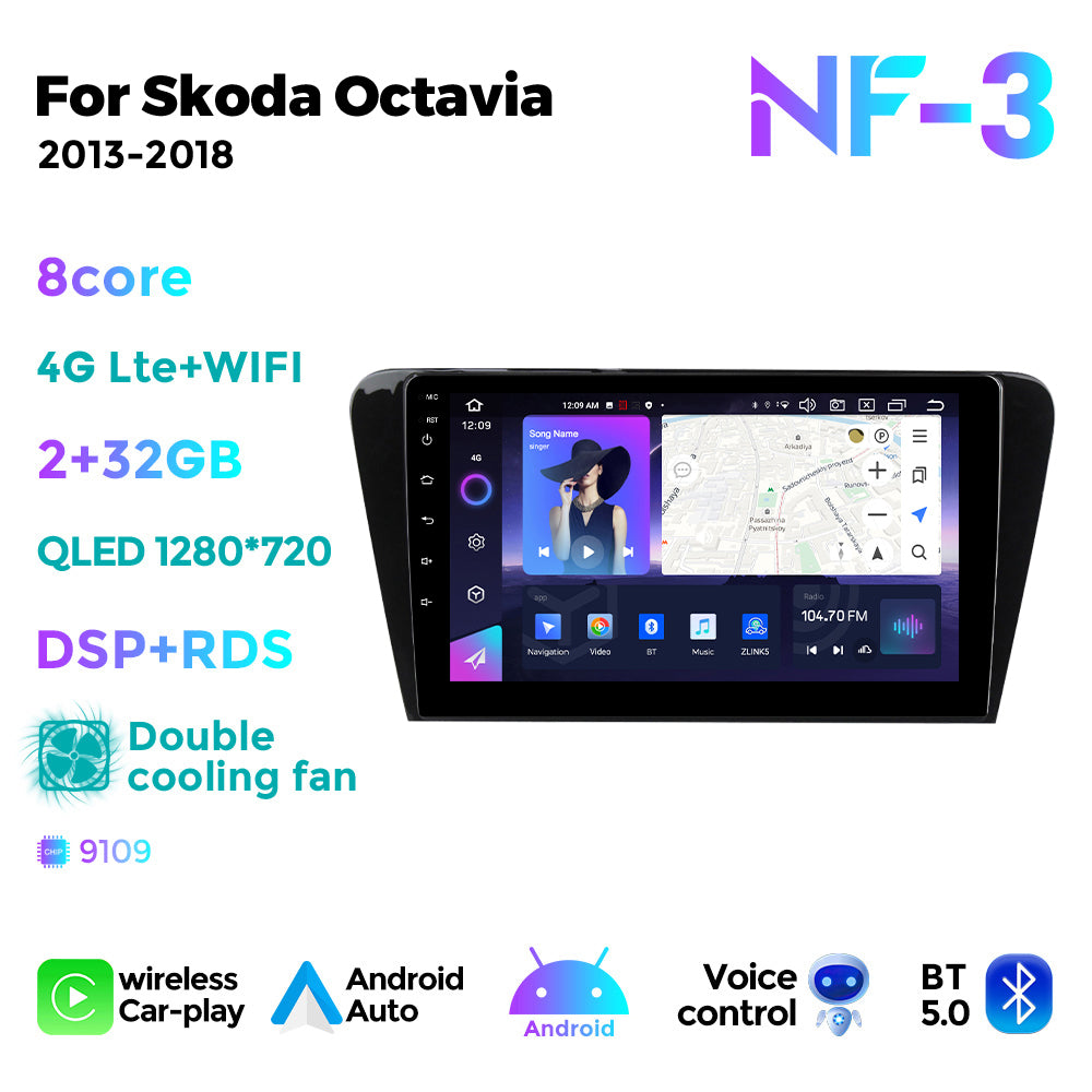 NaviFly NF Series Android 14 8G+256G 2K QLED screen CarPlay Auto DSP RDS 4GLte WIFI For Skoda Octavia 2013-2018 10inch