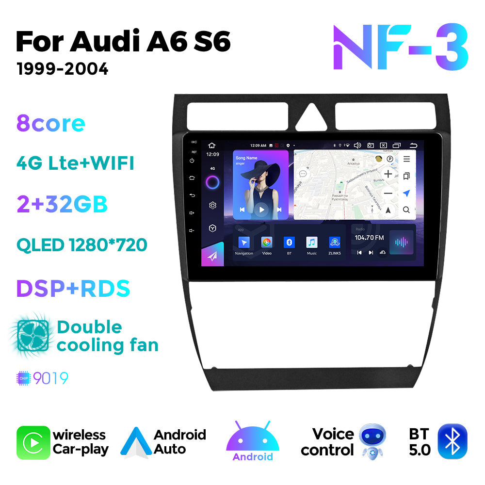 NaviFly NF Series Android 14 8G+256G 2K QLED screen CarPlay Auto DSP RDS 4GLte WIFI For Audi A6 S6 1999-2004 9inch