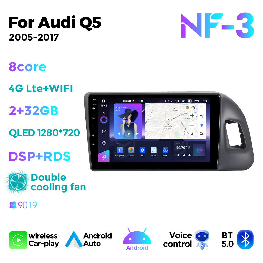 NaviFly NF Series Android 14 8G+256G 2K QLED screen CarPlay Auto DSP RDS 4GLte WIFI For Audi Q5 2005-2017 9inch