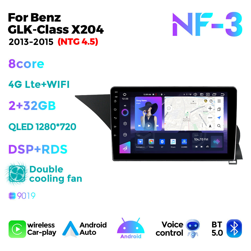 NaviFly NF Series Android 14 8G+256G 2K QLED screen CarPlay Auto DSP RDS 4GLte WIFI For Mercedes Benz GLK-Class X204 2013-2015(NTG 4.5) 9.5Inch