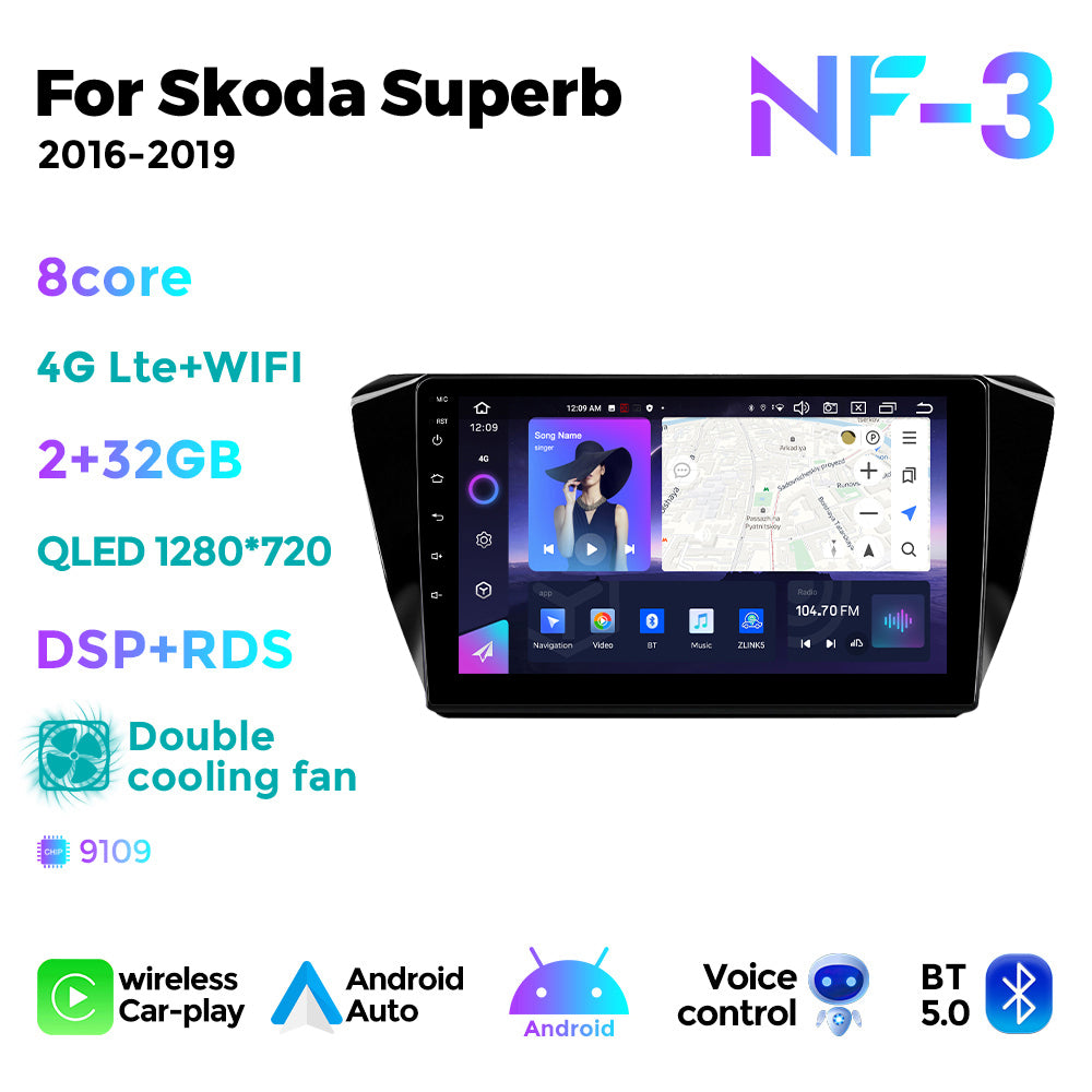 NaviFly NF Series Android 14 8G+256G 2K QLED screen CarPlay Auto DSP RDS 4GLte WIFI For Skoda Superb 2016-2019 10inch