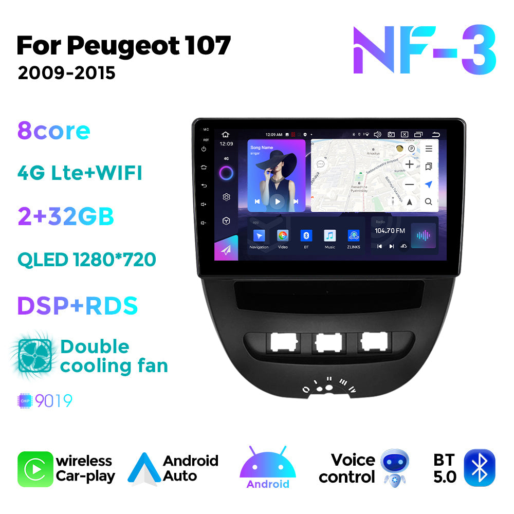 NaviFly NF Series Android 14 8G+256G 2K QLED screen CarPlay Auto DSP RDS 4GLte WIFI For Peugeot 107 2009-2015 10inch