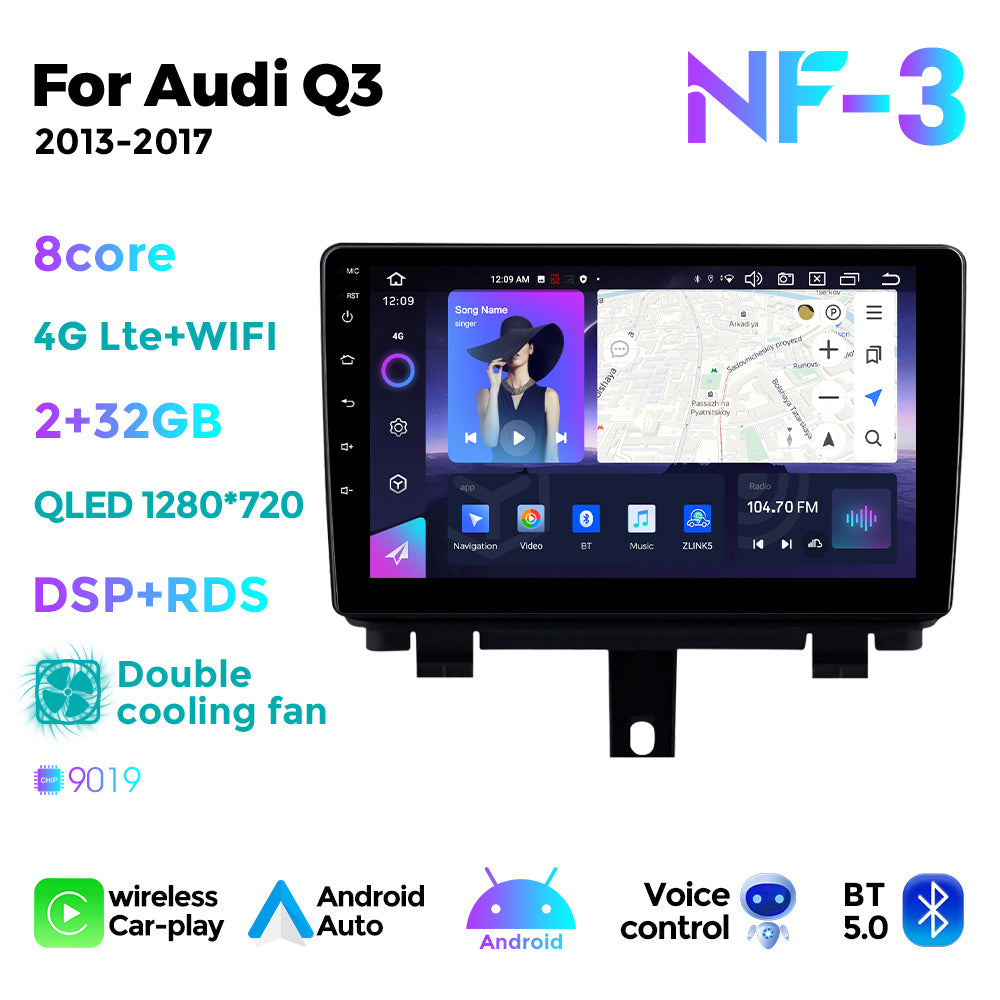 NaviFly NF Series Android 14 8G+256G 2K QLED screen CarPlay Auto DSP RDS 4GLte WIFI For Audi Q3 2013-2017 9inch
