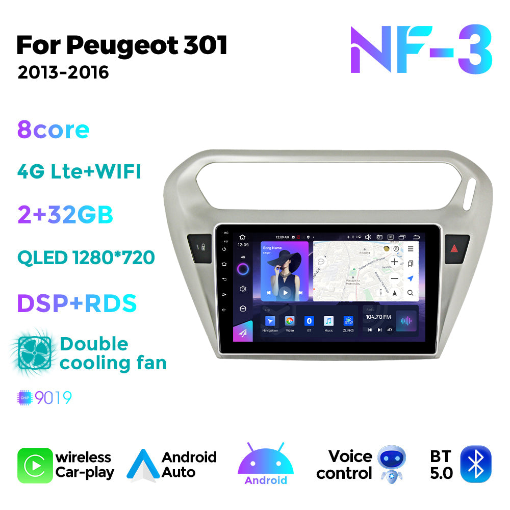 NaviFly NF Series Android 14 8G+256G 2K QLED screen CarPlay Auto DSP RDS 4GLte WIFI For Peugeot 301 2013-2016 9inch