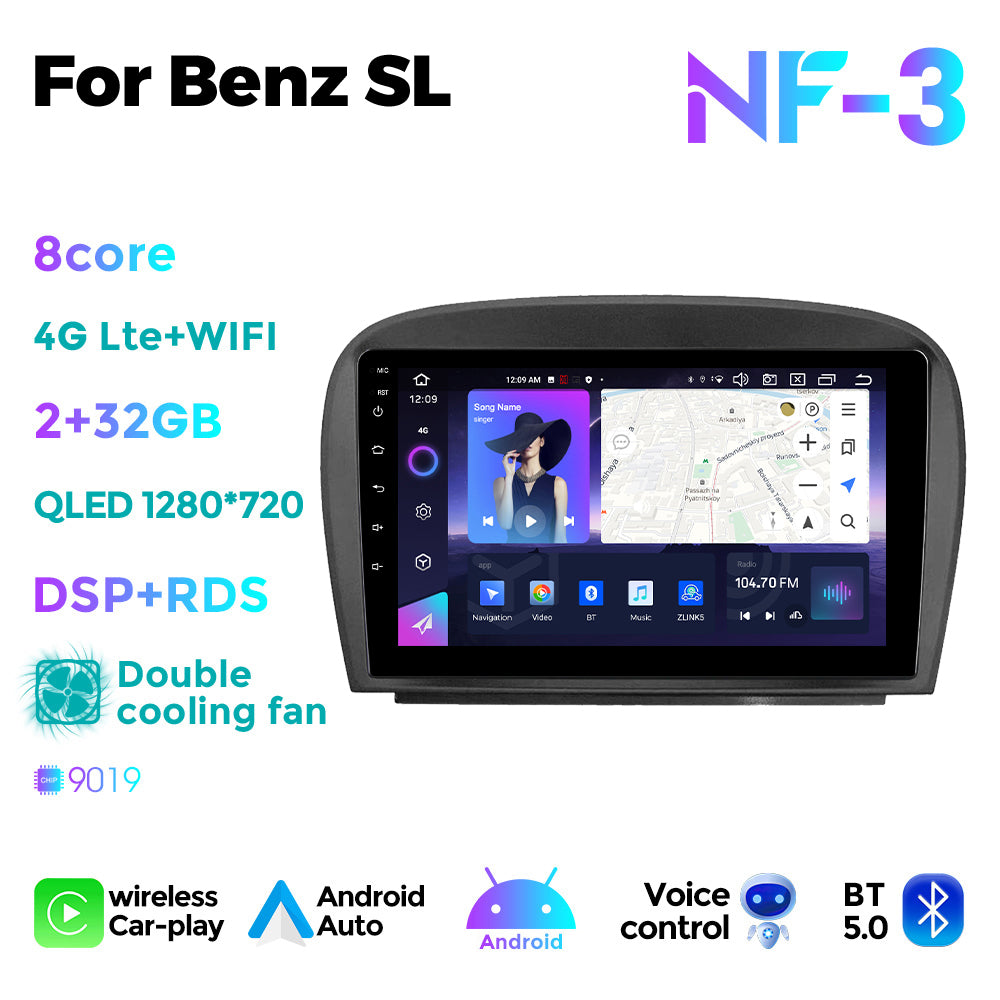 NaviFly NF Series Android 14 8G+256G 2K QLED screen CarPlay Auto DSP RDS 4GLte WIFI For Mercedes Benz SL 2001-2007 9.5Inch