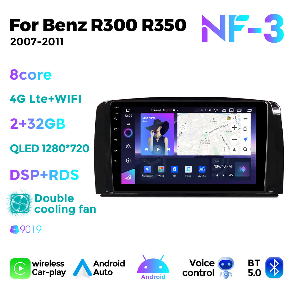 NaviFly NF Series Android 14 8G+256G 2K QLED screen CarPlay Auto DSP RDS 4GLte WIFI For Mercedes Benz R300 R350 2007-2011 9.5Inch