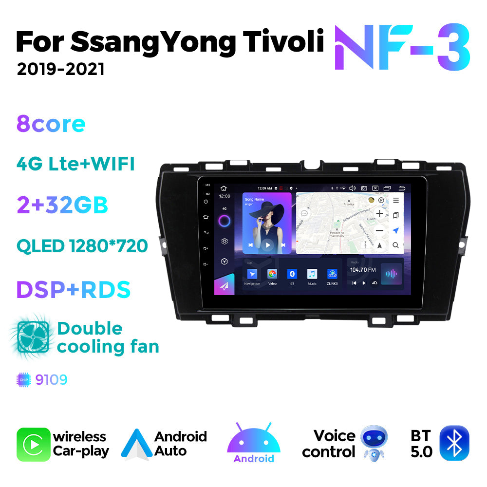 NaviFly NF Series Android 14 8G+256G 2K QLED screen CarPlay Auto DSP RDS 4GLte WIFI For SsangYong Tivoli 2019-2021 9inch