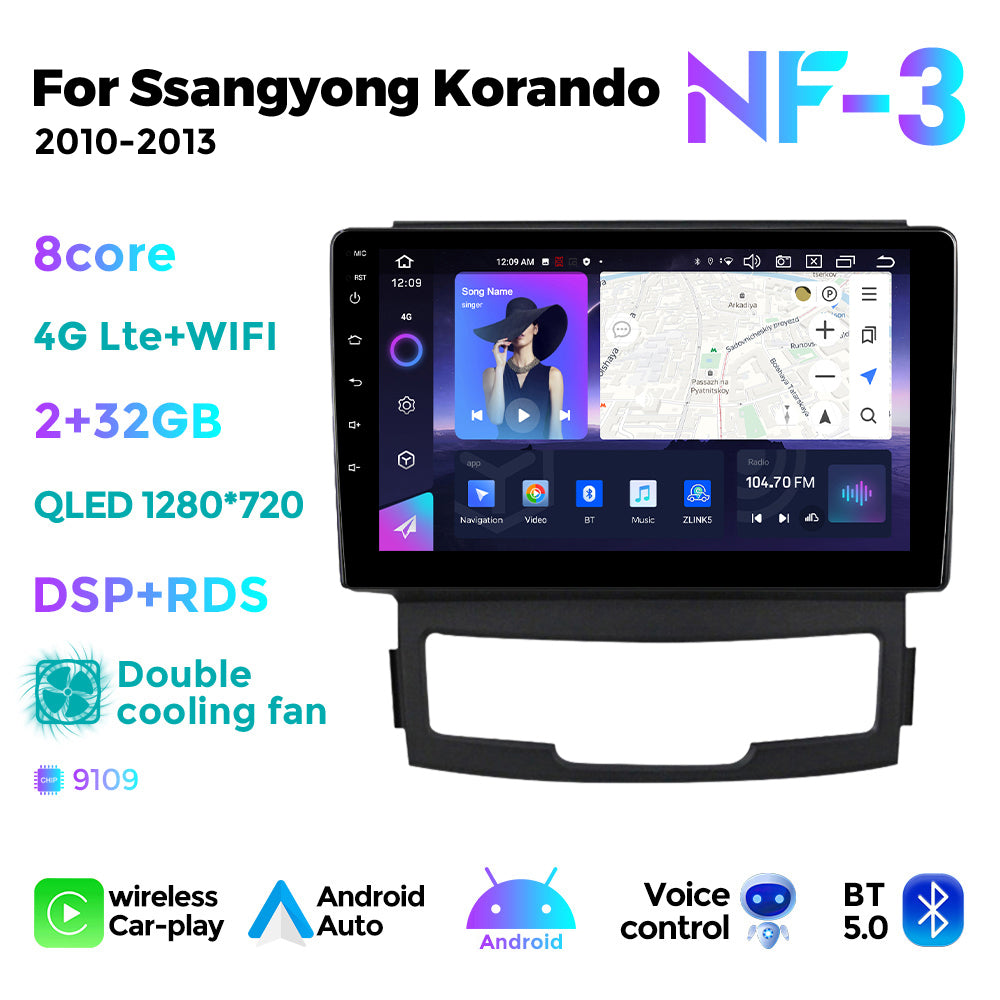 NaviFly NF Series Android 14 8G+256G 2K QLED screen CarPlay Auto DSP RDS 4GLte WIFI For Ssangyong Korando 2010-2013 9inch