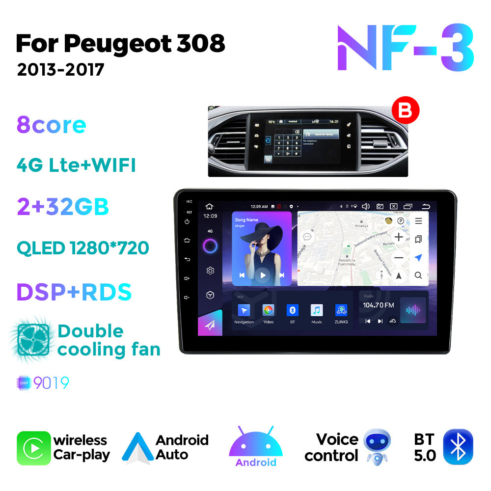NaviFly NF Series Android 14 8G+256G 2K QLED screen CarPlay Auto DSP RDS 4GLte WIFI For Peugeot 308 2013-2017-AB 9inch