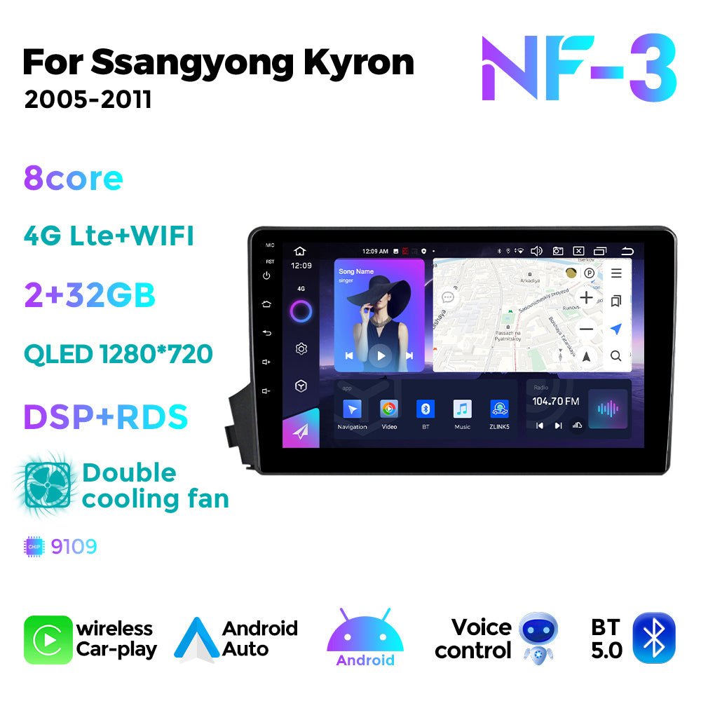 NaviFly NF Series Android 14 8G+256G 2K QLED screen CarPlay Auto DSP RDS 4GLte WIFI For Ssangyong Kyron 2005-2011 9inch