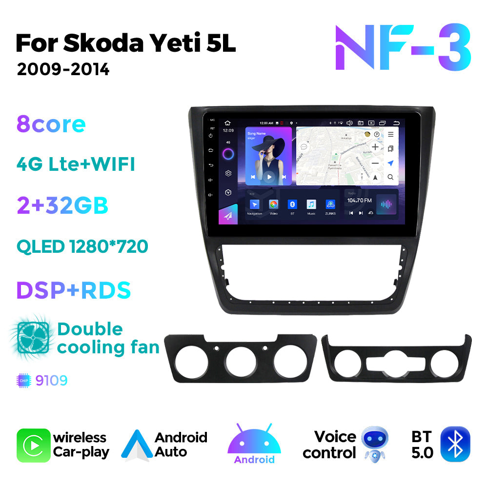 NaviFly NF Series Android 14 8G+256G 2K QLED screen CarPlay Auto DSP RDS 4GLte WIFI For Skoda Yeti 5L 2009-2014 10inch