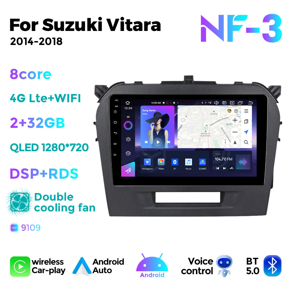 NaviFly NF Series Android 14 8G+256G 2K QLED screen CarPlay Auto DSP RDS 4GLte WIFI For Suzuki Vitara 2014-2018 9inch