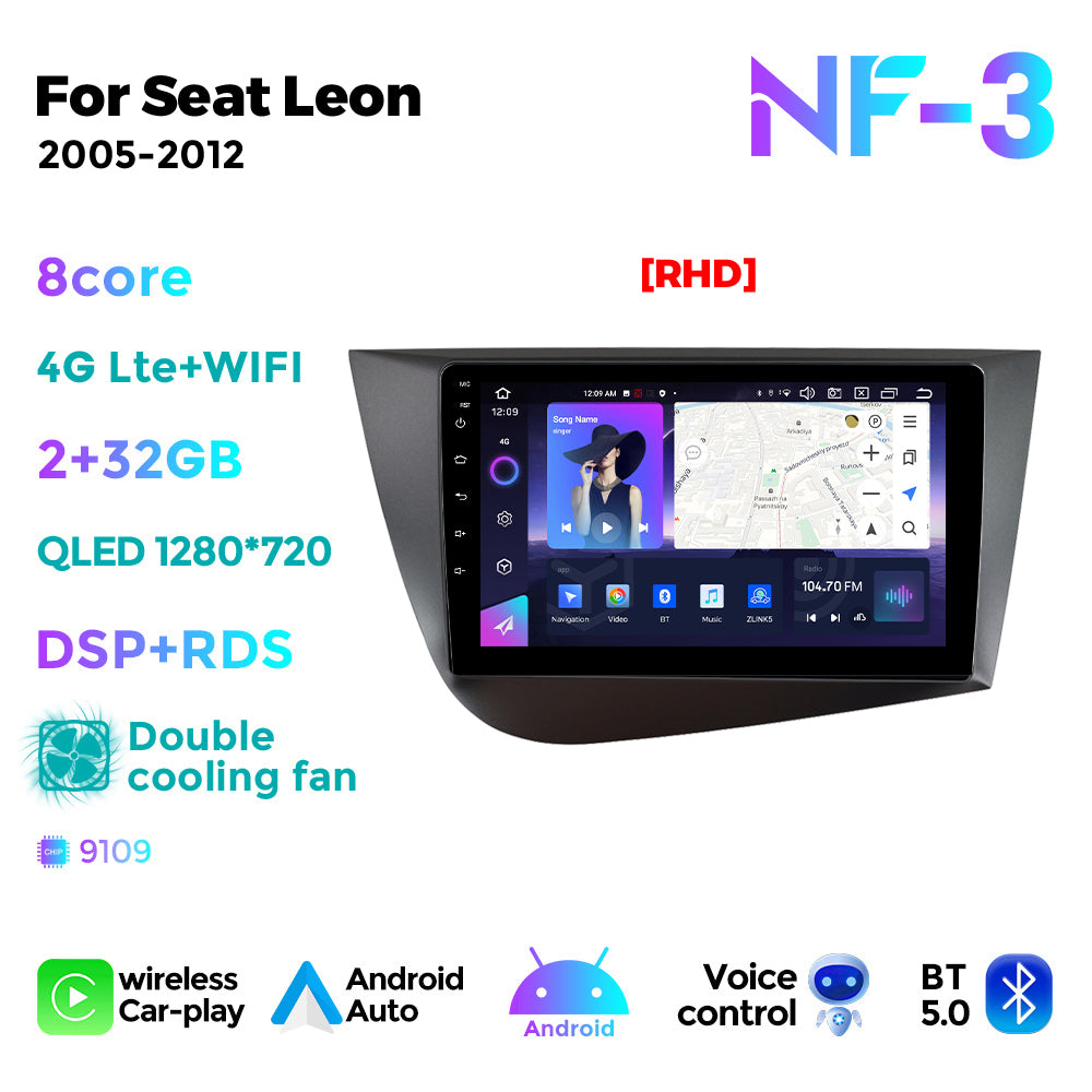 NaviFly NF Series Android 14 8G+256G 2K QLED screen CarPlay Auto DSP RDS 4GLte WIFI For Seat Leon 2005-2012 9inch