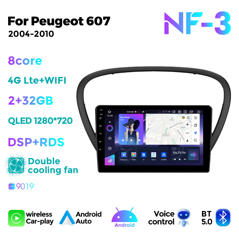 NaviFly NF Series Android 14 8G+256G 2K QLED screen CarPlay Auto DSP RDS 4GLte WIFI For Peugeot 607 2004-2010 9inch