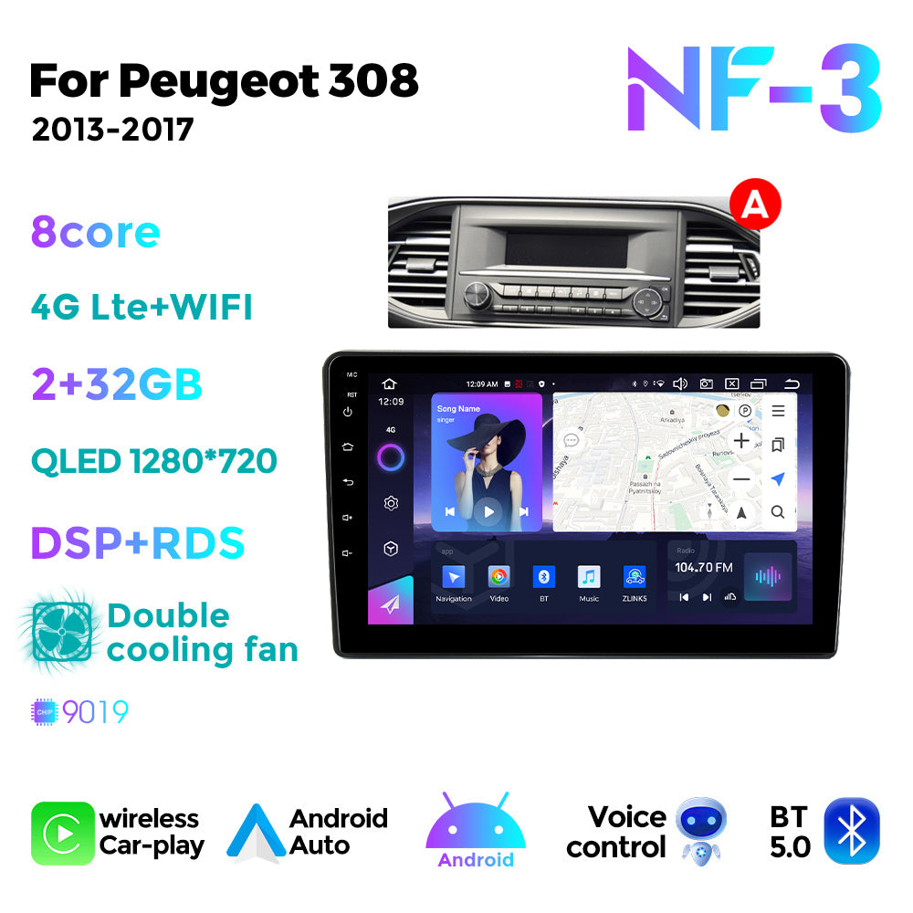 NaviFly NF Series Android 14 8G+256G 2K QLED screen CarPlay Auto DSP RDS 4GLte WIFI For Peugeot 308 2013-2017-AB 9inch