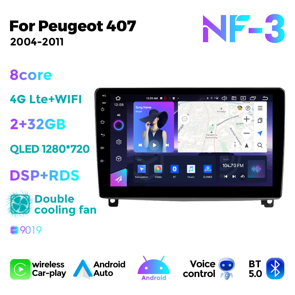 NaviFly NF Series Android 14 8G+256G 2K QLED screen CarPlay Auto DSP RDS 4GLte WIFI For Peugeot 407 2004-2011 9inch