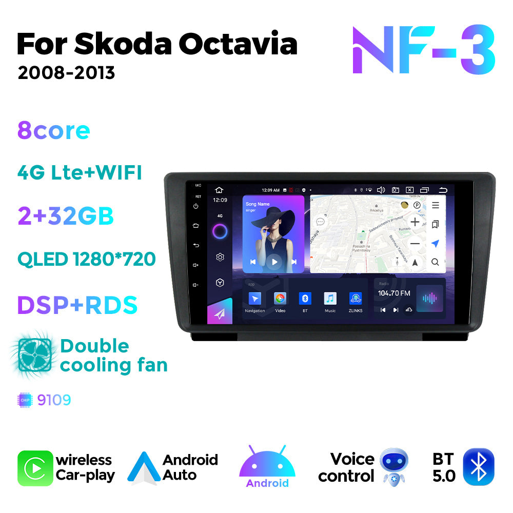 NaviFly NF Series Android 14 8G+256G 2K QLED screen CarPlay Auto DSP RDS 4GLte WIFI For Skoda Octavia 2008-2013 9inch