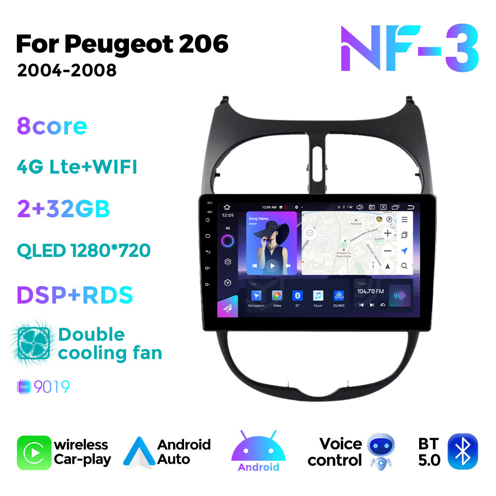NaviFly NF Series Android 14 8G+256G 2K QLED screen CarPlay Auto DSP RDS 4GLte WIFI For Peugeot 206 2004-2008 9inch