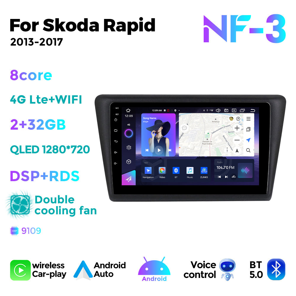 NaviFly NF Series Android 14 8G+256G 2K QLED screen CarPlay Auto DSP RDS 4GLte WIFI For Skoda Rapid 2013-2017 9inch