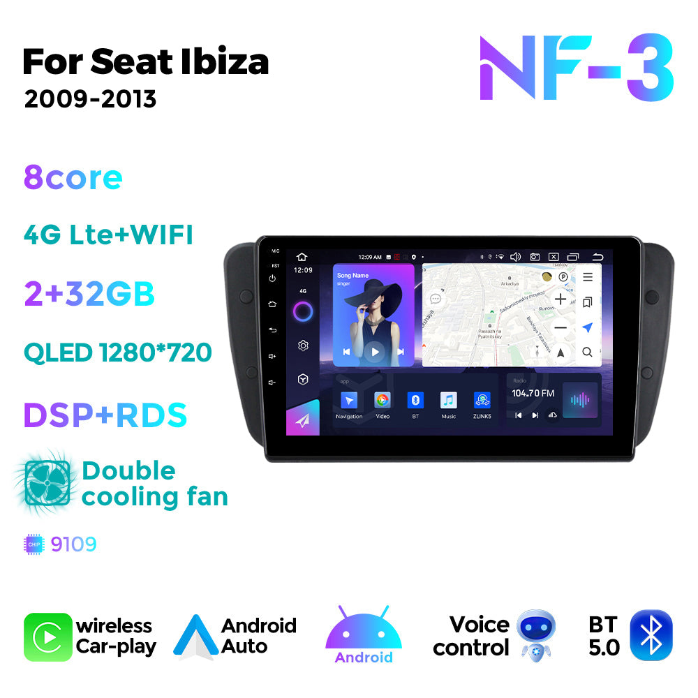 NaviFly NF Series Android 14 8G+256G 2K QLED screen CarPlay Auto DSP RDS 4GLte WIFI For Seat Ibiza 2009-2013 9inch