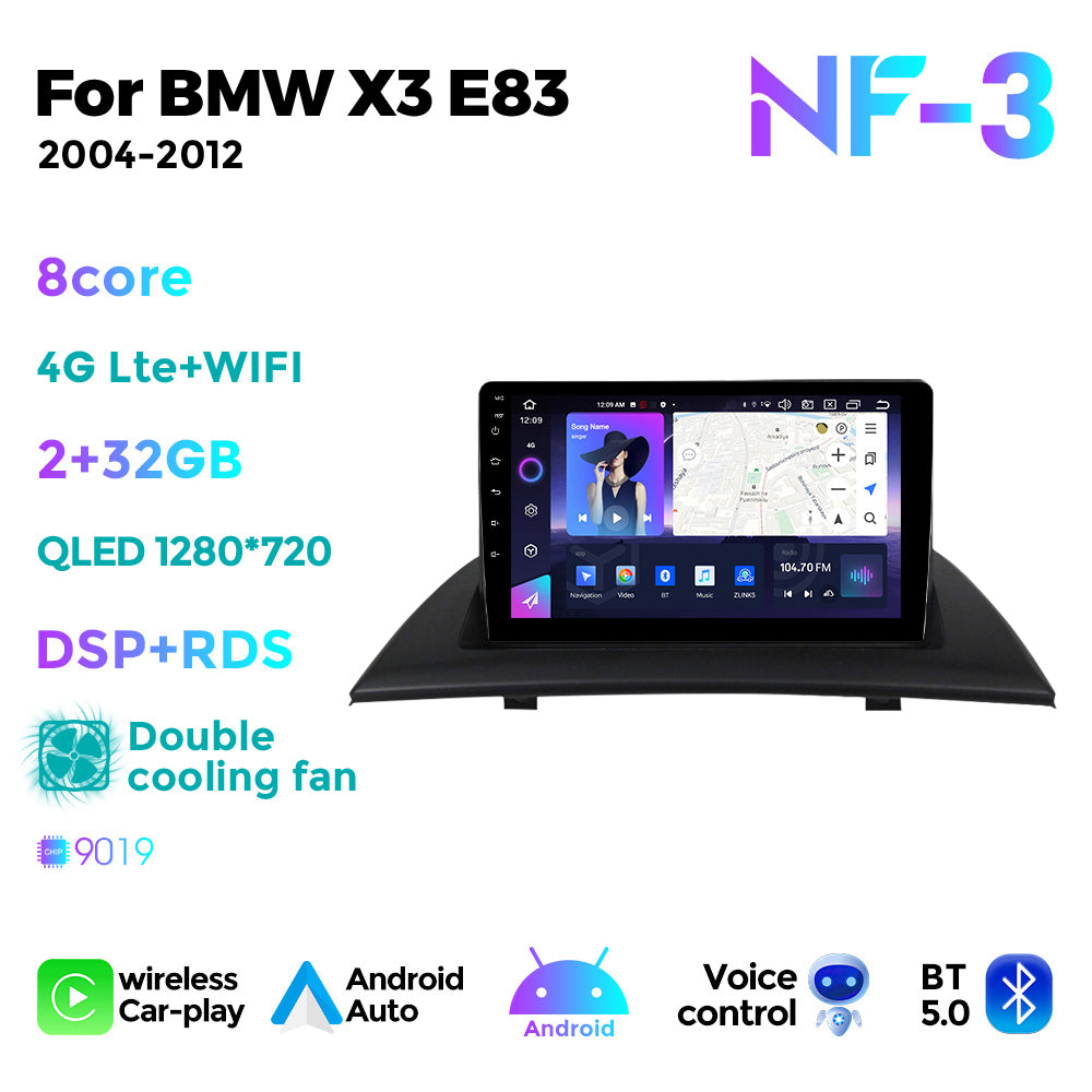 NaviFly NF Series Android 14 8G+256G 2K QLED screen CarPlay Auto DSP RDS 4GLte WIFI For BMW X3 E83 2004-2012 9inch