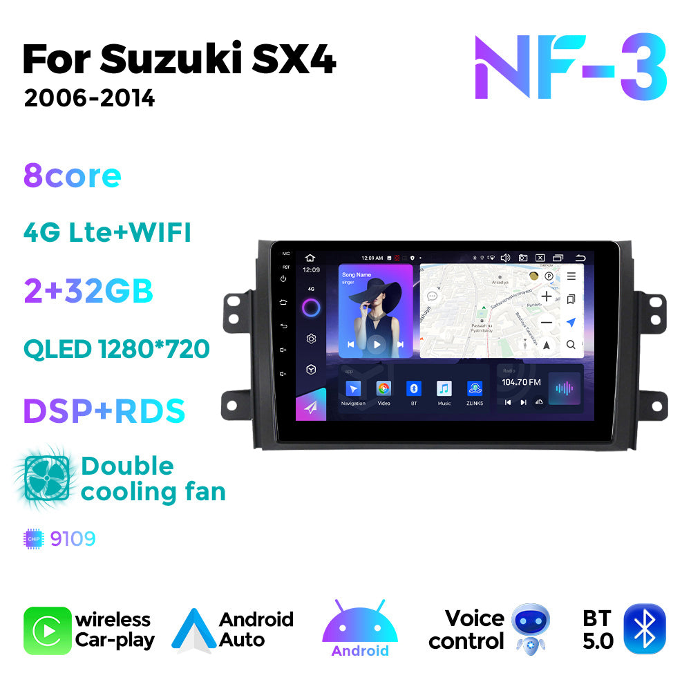 NaviFly NF Series Android 14 8G+256G 2K QLED screen CarPlay Auto DSP RDS 4GLte WIFI For Suzuki SX4 2006-2014 9inch