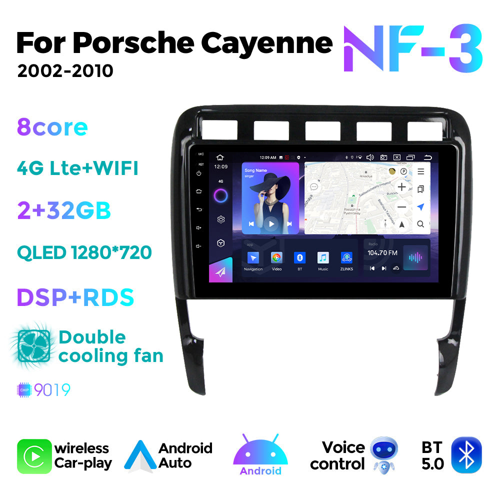 NaviFly NF Series Android 14 8G+256G 2K QLED screen CarPlay Auto DSP RDS 4GLte WIFI For Porsche Cayenne 2002-2010 9inch