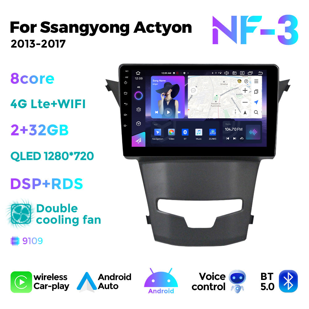 NaviFly NF Series Android 14 8G+256G 2K QLED screen CarPlay Auto DSP RDS 4GLte WIFI For Ssangyong Actyon 2013-2017 9inch