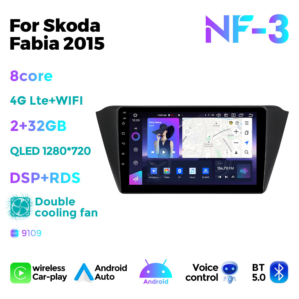 NaviFly NF Series Android 14 8G+256G 2K QLED screen CarPlay Auto DSP RDS 4GLte WIFI For Skoda Fabia 2015 10inch