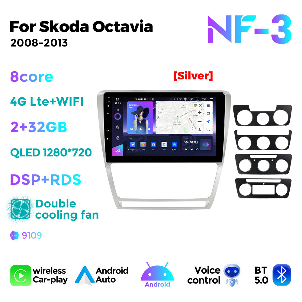 NaviFly NF Series Android 14 8G+256G 2K QLED screen CarPlay Auto DSP RDS 4GLte WIFI For Skoda Octavia 2008-2013 10inch Silver Black